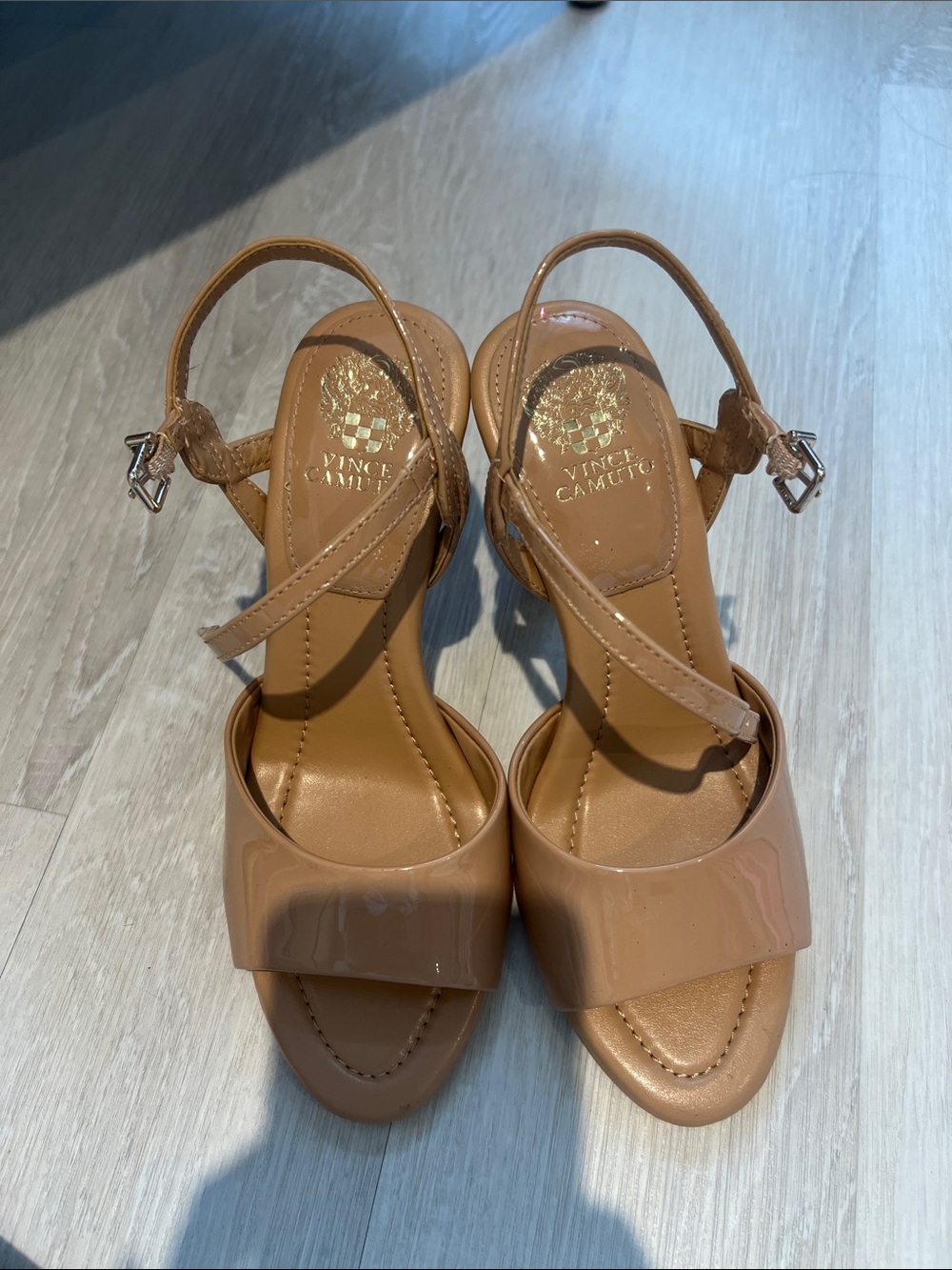 Vince Camuto Nude Patent Open-Toe Block Heel Sandals